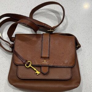 Fossil Tan Leather Crossbody Bag with Key Charm